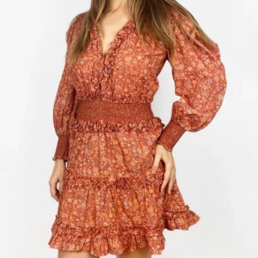 HOUSE OF HARLOW | V-Neck Smocked Waist Tiered Rust Orange‎ Ruffle Dress | Large
